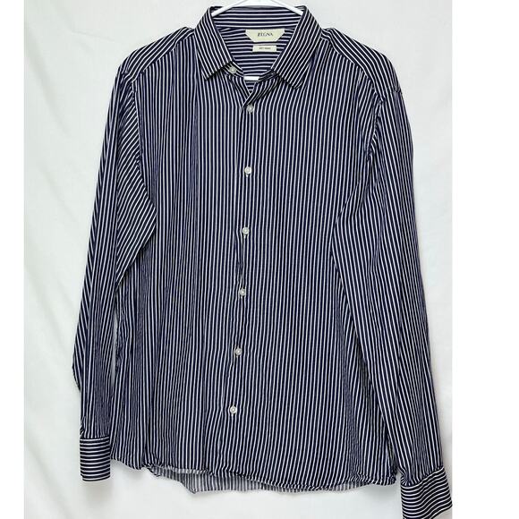 Ermenegildo Zegna Men’s Large Blue White Stripe Soft Touch Long Sleeve Shirt - Picture 1 of 7